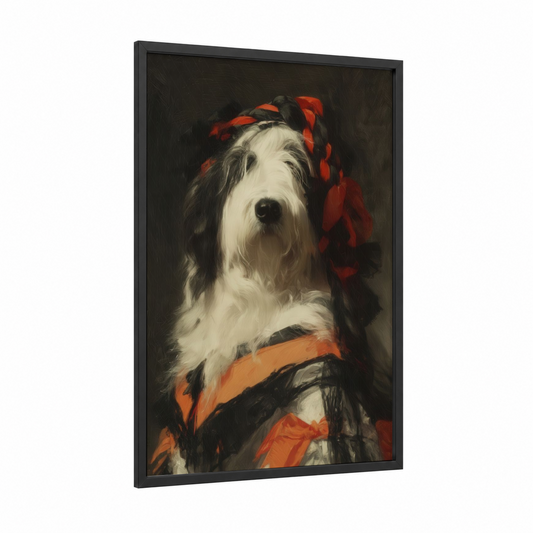 Festive Collie framed shepherd dogs and collies print — black wood frame — black and white and red palette