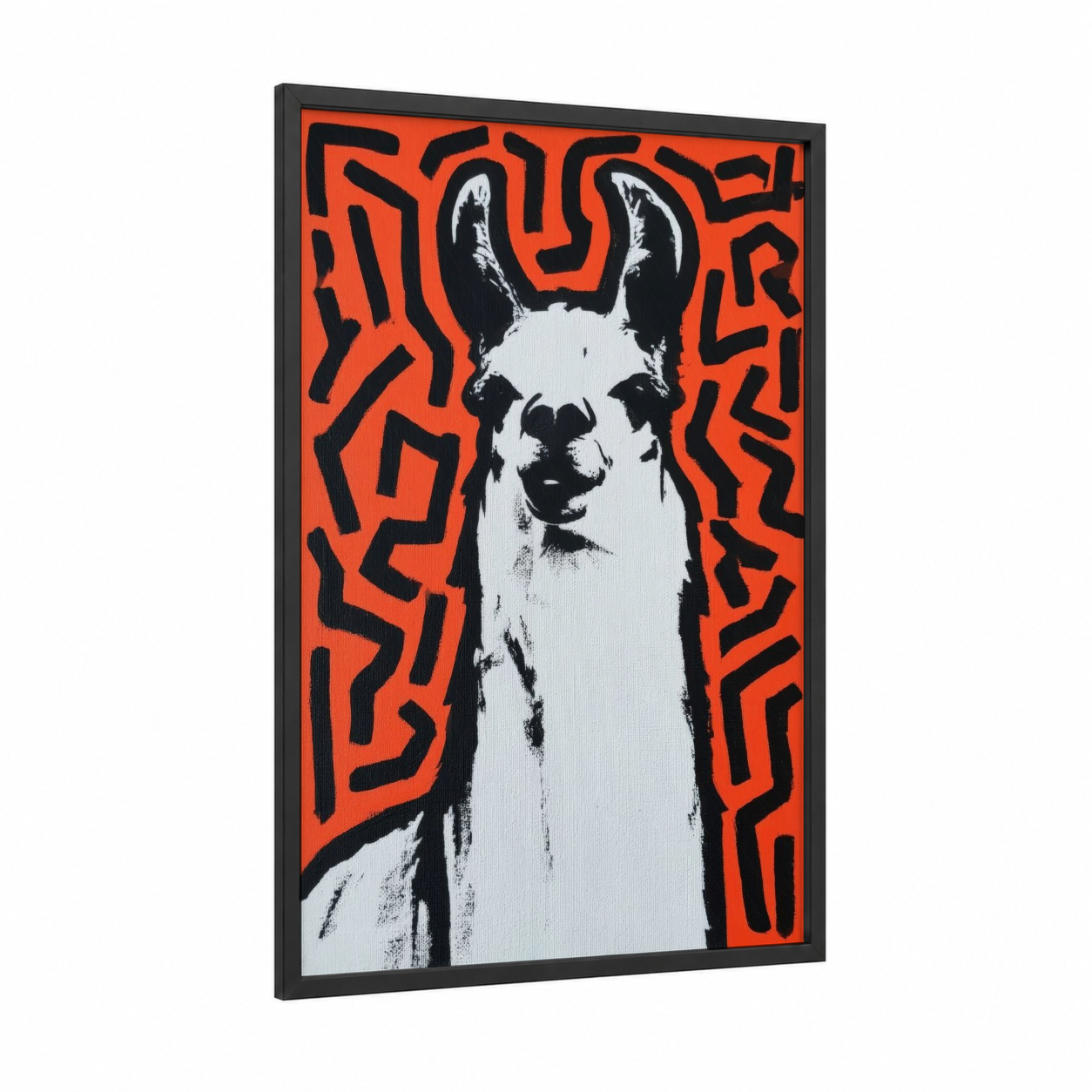 Pop Art Llama framed art print — black wood frame — orange and black and white palette