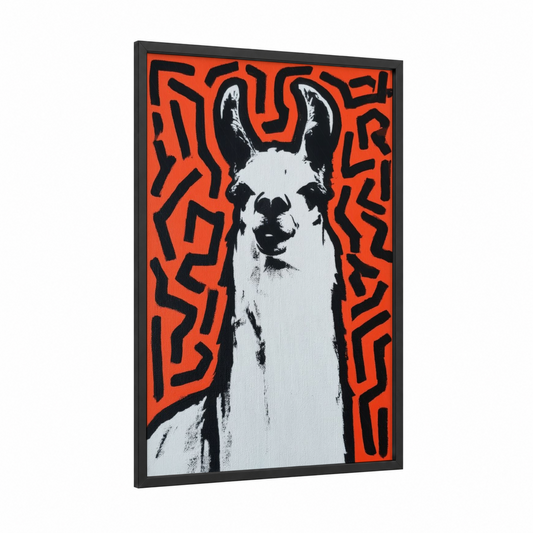 Pop Art Llama framed art print — black wood frame — orange and black and white palette