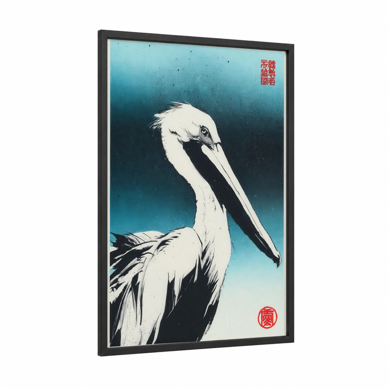 Elegant Pelican Portrait framed art print — black wood frame — blue and white and black and white palette