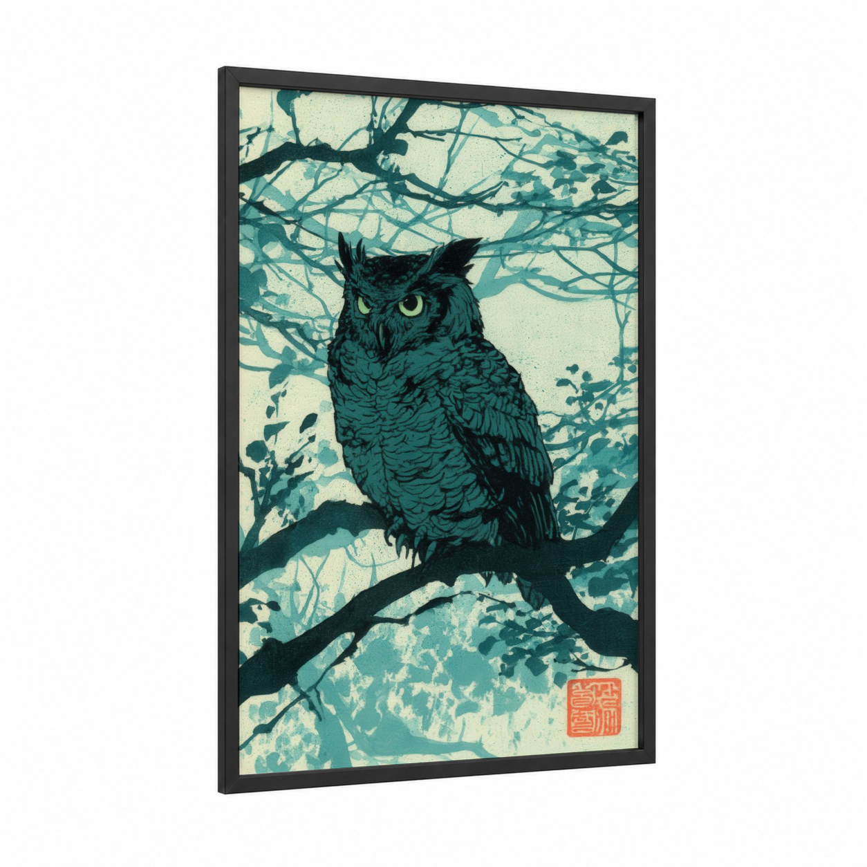 Perched Owl framed art print — black wood frame — teal and black and white palette
