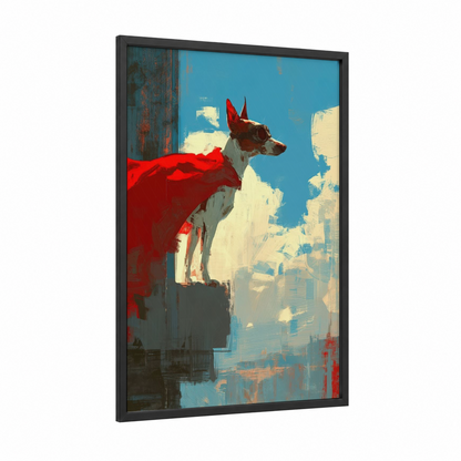 Superhero Terrier framed art print — black wood frame — red and blue palette