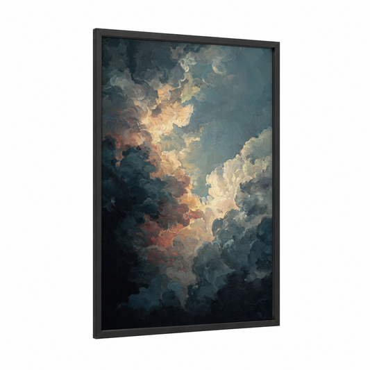 Tempest Sky framed storm print — black wood frame — gray and gold palette