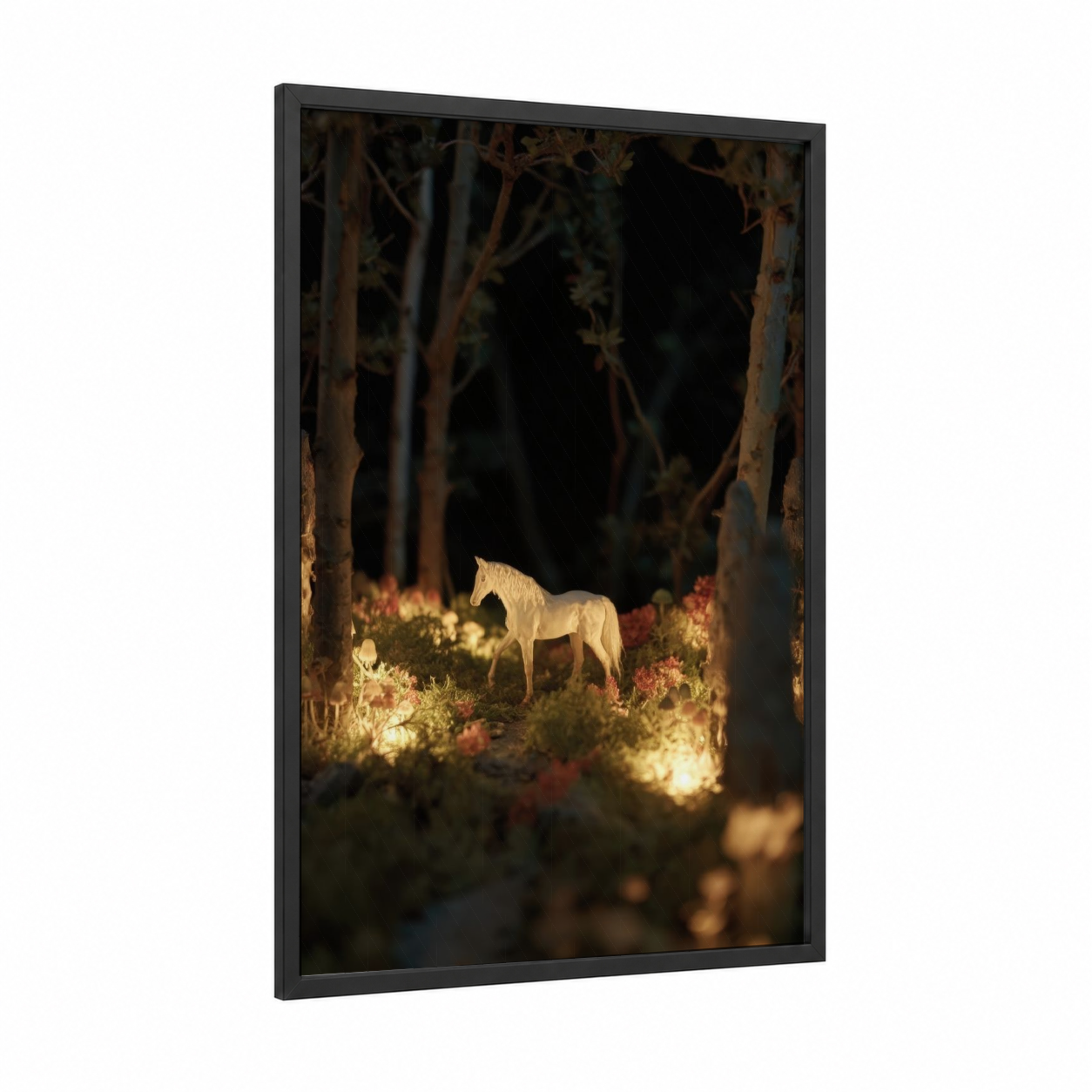 Enchanted Forest Horse framed miniature horse print — black wood frame — gold and black palette