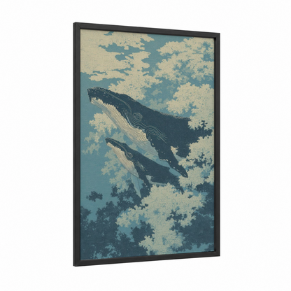 Cloudy Humpbacks framed humpback whale print — black wood frame — blue and cream palette