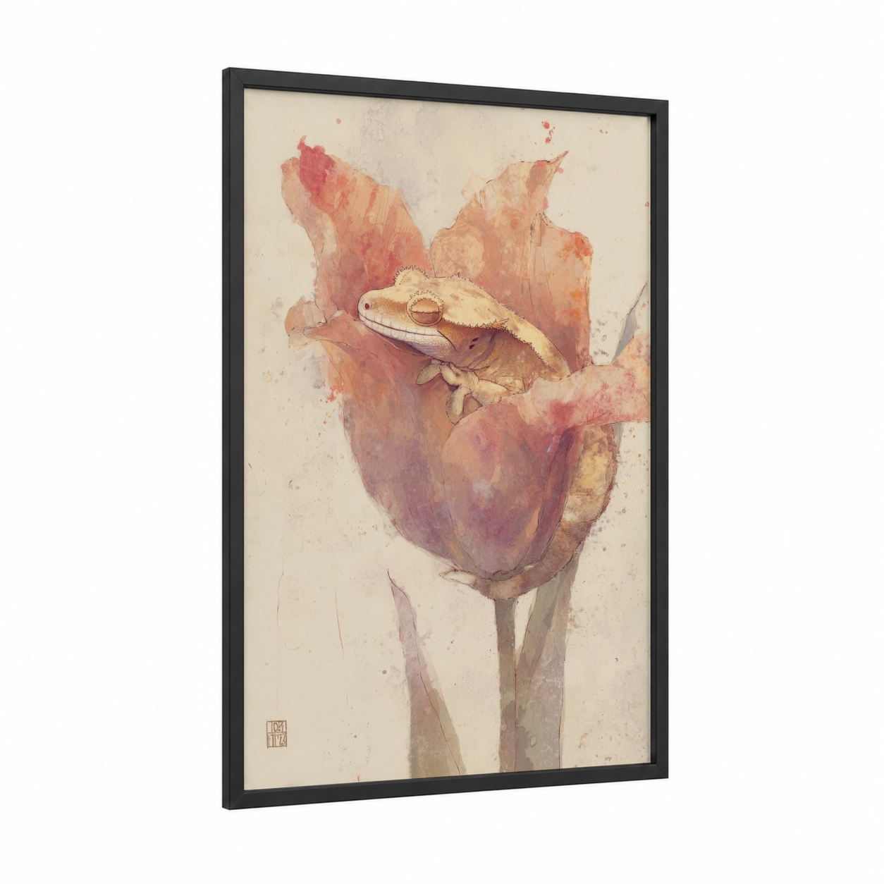 Crested Lizard Bloom framed art print — black wood frame — peach and salmon pink palette