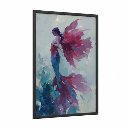 Crimson Mermaid framed art print — black wood frame — magenta and blue palette