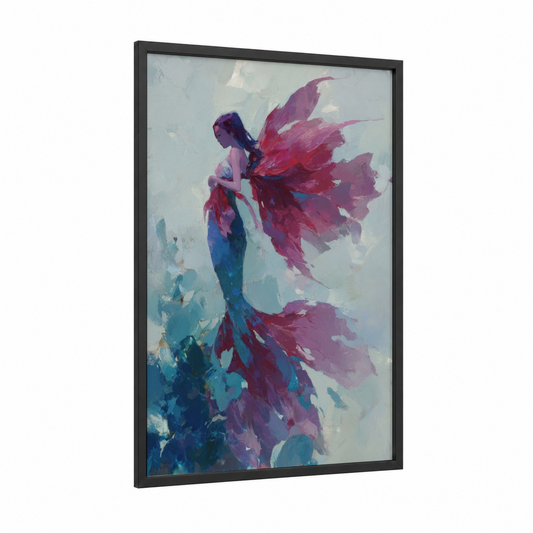 Crimson Mermaid framed art print — black wood frame — magenta and blue palette