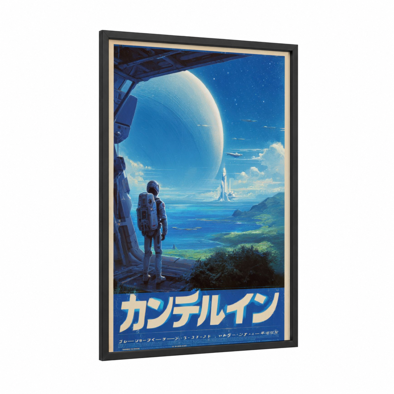 Lunar Explorer framed japanese retrofuturism print — black wood frame — blue and white palette
