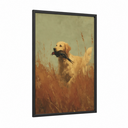 Golden Retriever Hunt framed hunting print — black wood frame — gold and russet palette
