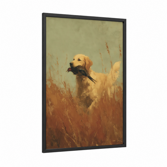 Golden Retriever Hunt framed hunting print — black wood frame — gold and russet palette