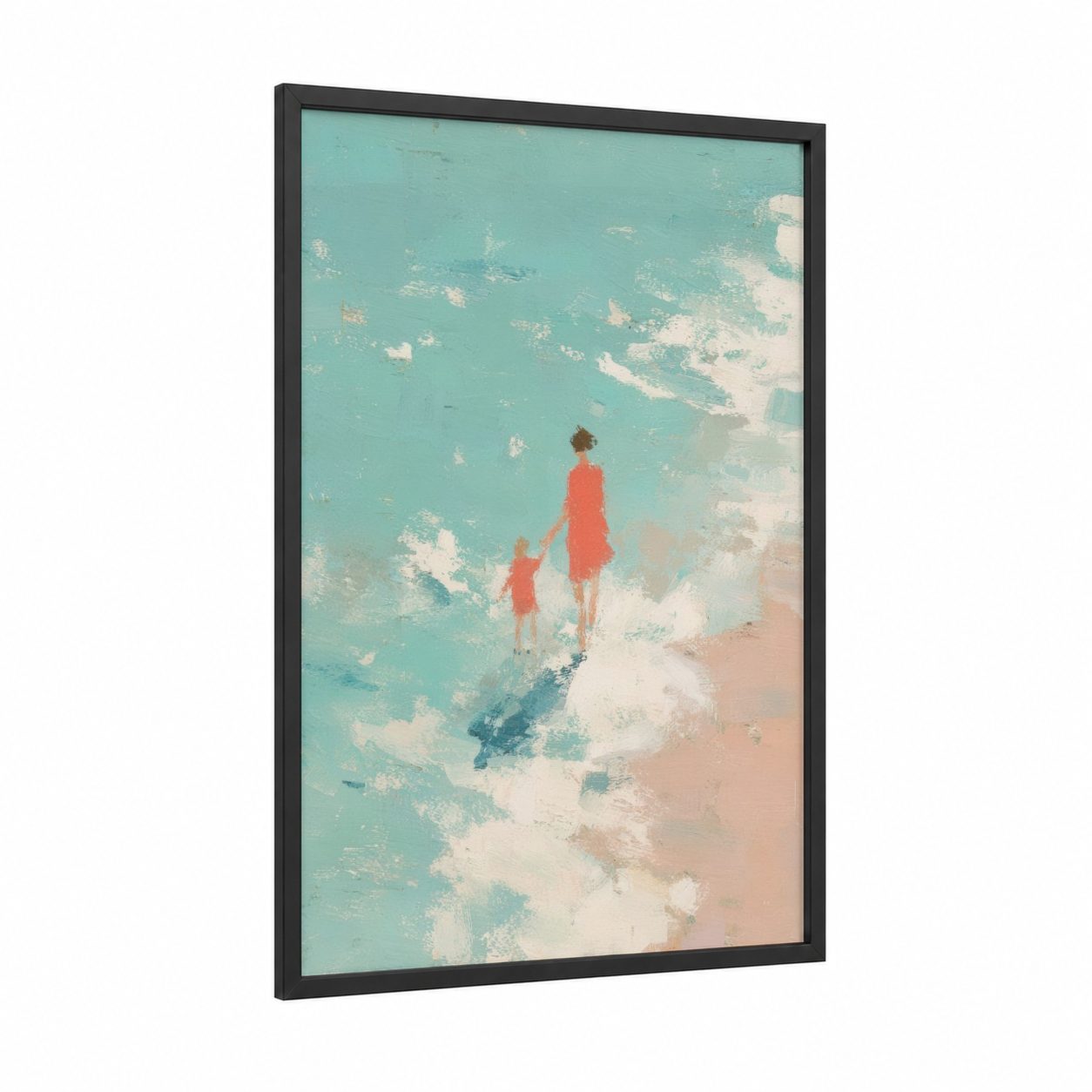 Coastal Mother Moment framed mother's day print — black wood frame — teal and peach palette