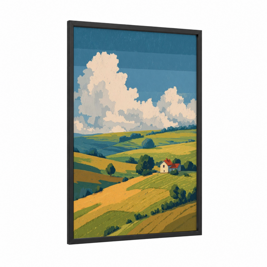 Golden Valley Summer framed art print — black wood frame — gold and true green palette