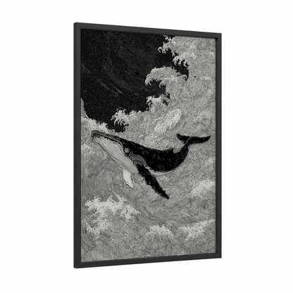 Serene Gray Whale framed art print — black wood frame — black and white palette