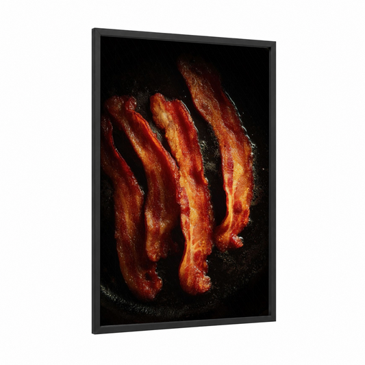 Crispy Bacon Strips framed meat print — black wood frame — red and gold palette
