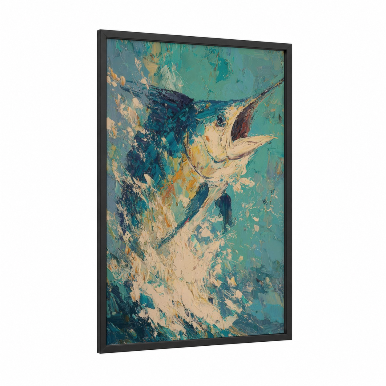 Golden Sailfish framed art print — black wood frame — gold and teal palette