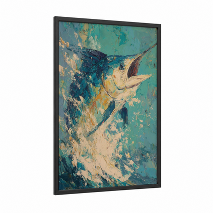 Golden Sailfish framed art print — black wood frame — gold and teal palette