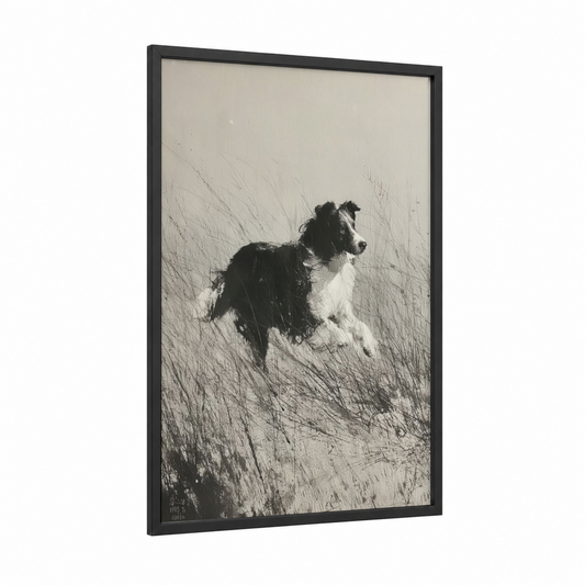 Windswept Collie framed shepherd dogs and collies print — black wood frame — black and white palette