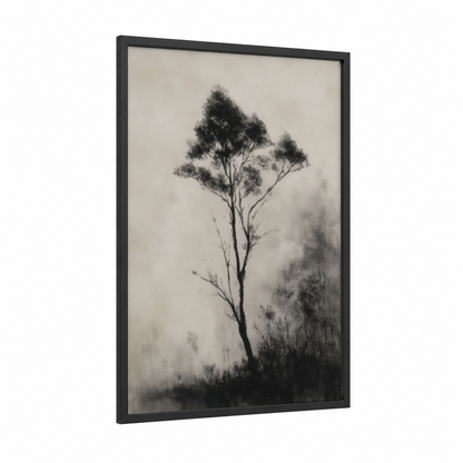Misty Kauri Tree framed art print — black wood frame — black and white and gray palette