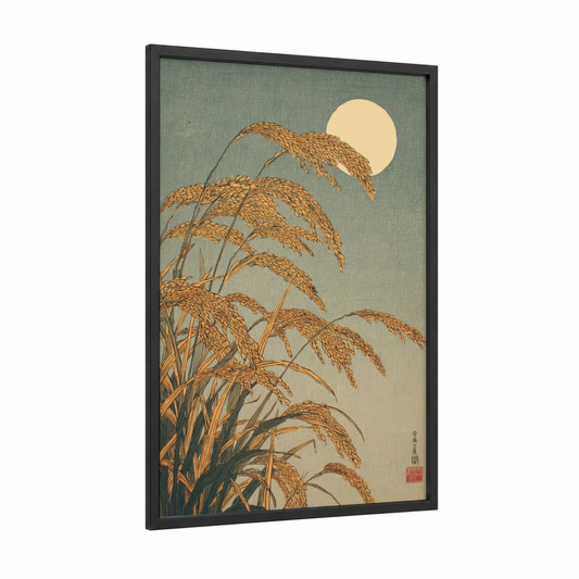 Moonlit Grain framed art print — black wood frame — sage green and gold palette