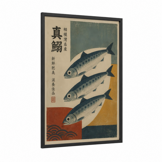 Japanese Fish Woodblock Seafood Wall Art framed salt water fish print — black wood frame — blue and cream palette