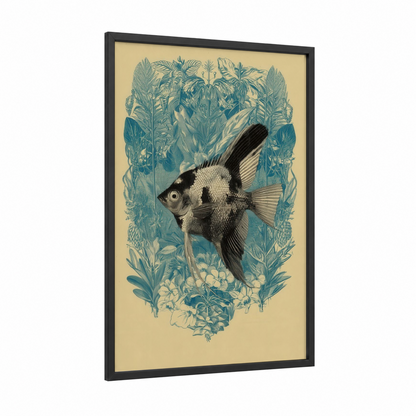 Ornamental Angel Fish framed art print — black wood frame — teal and cream palette
