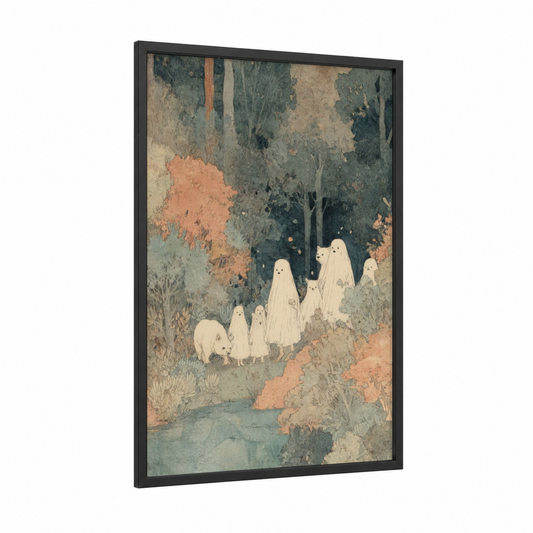 Ghostly Forest Gathering framed halloween print — black wood frame — sage green and cream palette