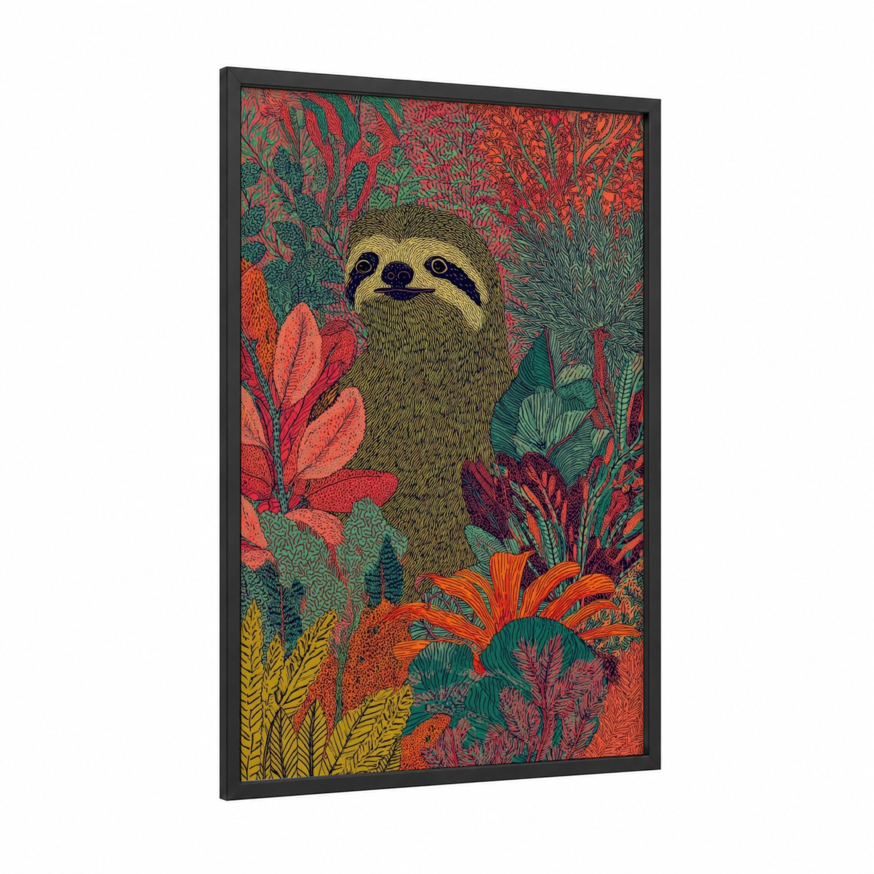 Jungle Sloth framed art print — black wood frame — orange and true green palette