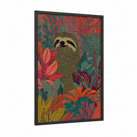 Jungle Sloth framed art print — black wood frame — orange and true green palette