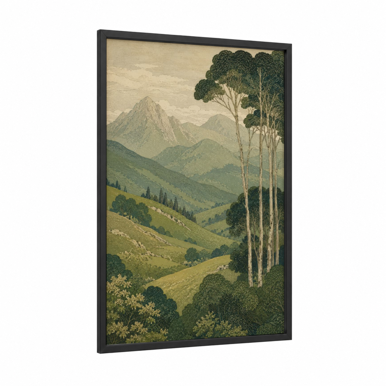 Alpine Valley Landscape Wall Art framed mountain print — black wood frame — true green and beige palette