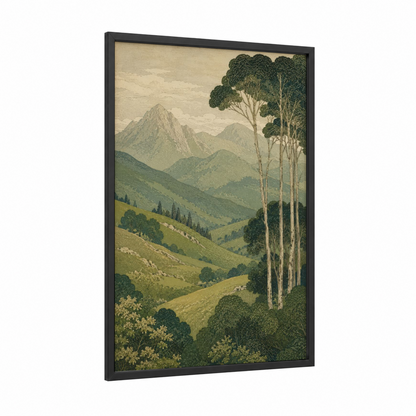 Alpine Valley Landscape Wall Art framed mountain print — black wood frame — true green and beige palette