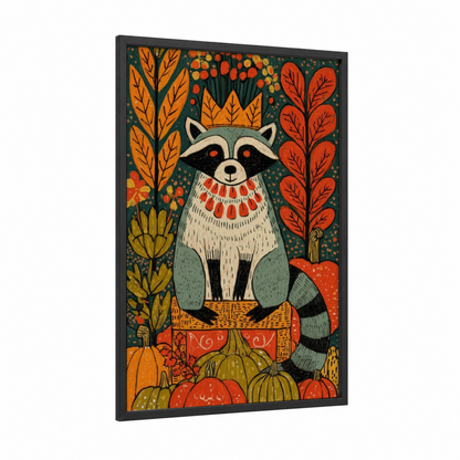 Autumn Raccoon framed art print — black wood frame — orange and dark green palette