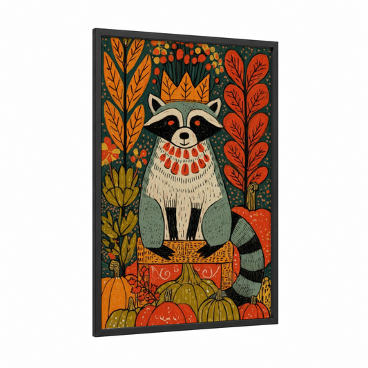Autumn Raccoon framed art print — black wood frame — orange and dark green palette