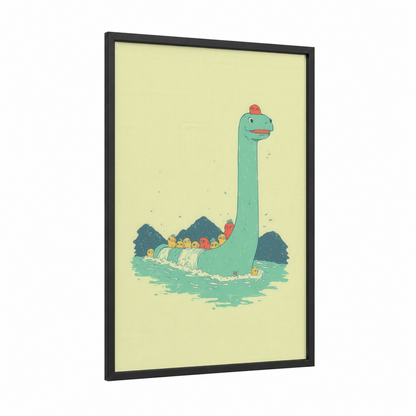Friendly Nessie framed loch ness monster print — black wood frame — light green and yellow palette