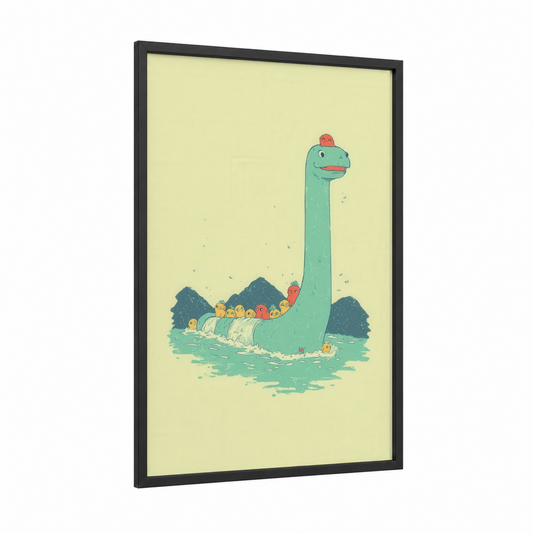 Friendly Nessie framed loch ness monster print — black wood frame — light green and yellow palette