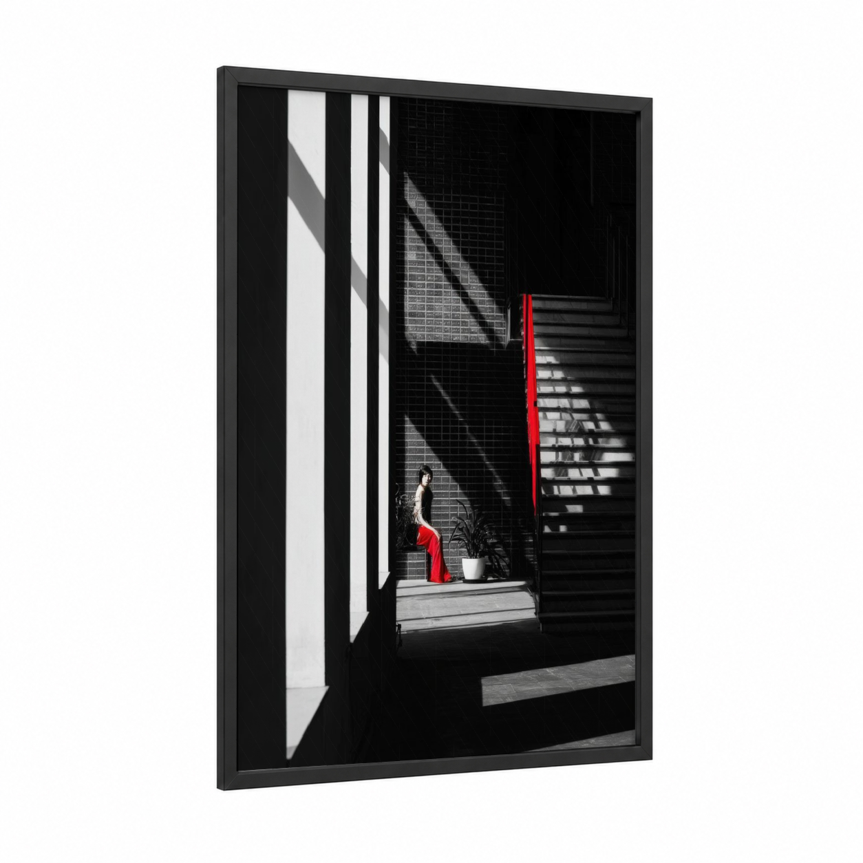 Red Figure Architecture framed abstract architecture print — black wood frame — black and white and red palette