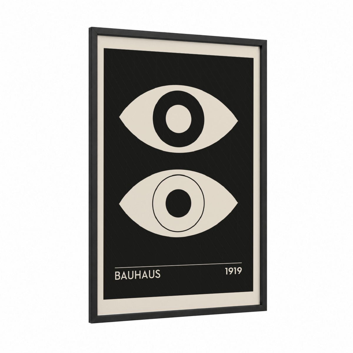 Dual Vision Eyes framed abstract geometric print — black wood frame — black and white and cream palette
