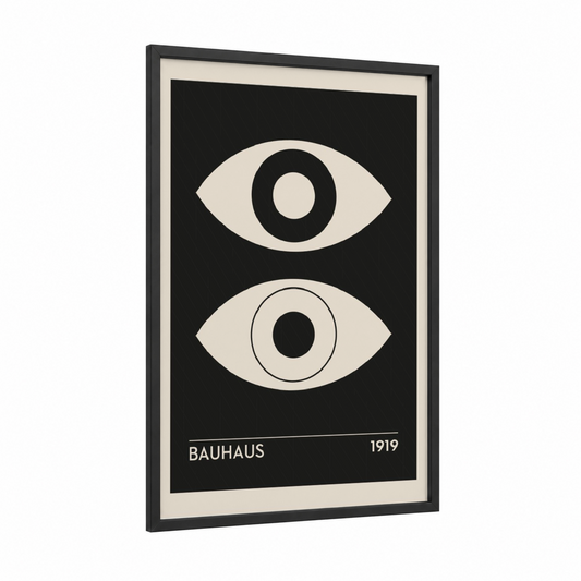 Dual Vision Eyes framed abstract geometric print — black wood frame — black and white and cream palette