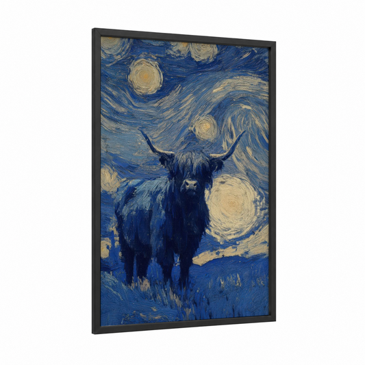 Starry Highland Cow framed art print — black wood frame — blue and gold palette