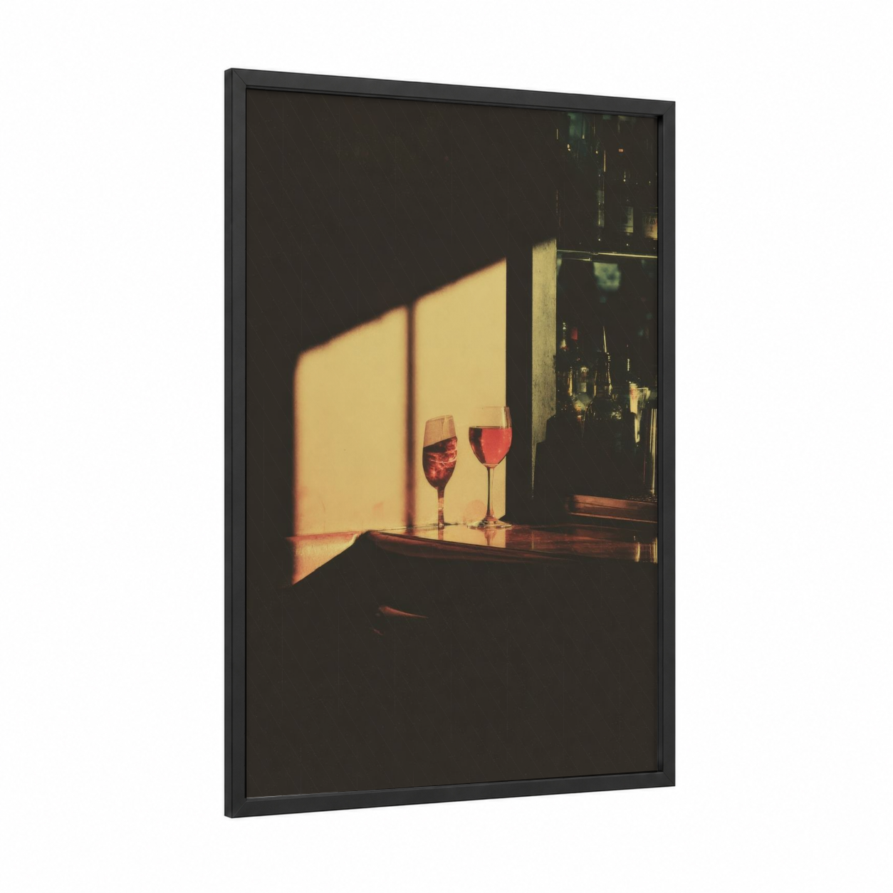 Golden Hour Rose framed rose wine print — black wood frame — gold and russet palette
