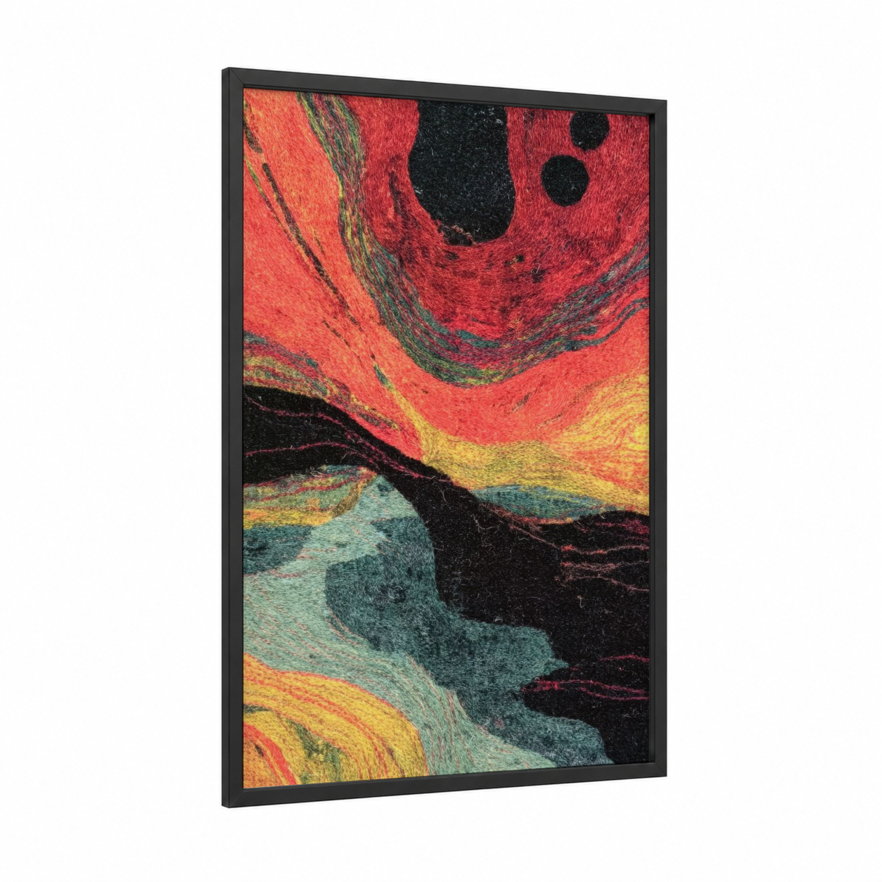 Colorful Textile Weave framed knitting and sewing print — black wood frame — red and gold palette