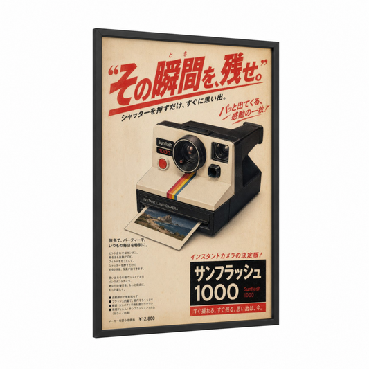 Vintage Japanese Polaroid Camera Wall Art framed vintage japanese ads print — black wood frame — beige and red palette