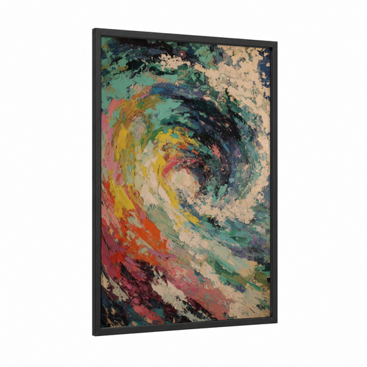 Swirling Tuna framed art print — black wood frame — yellow gold and teal palette