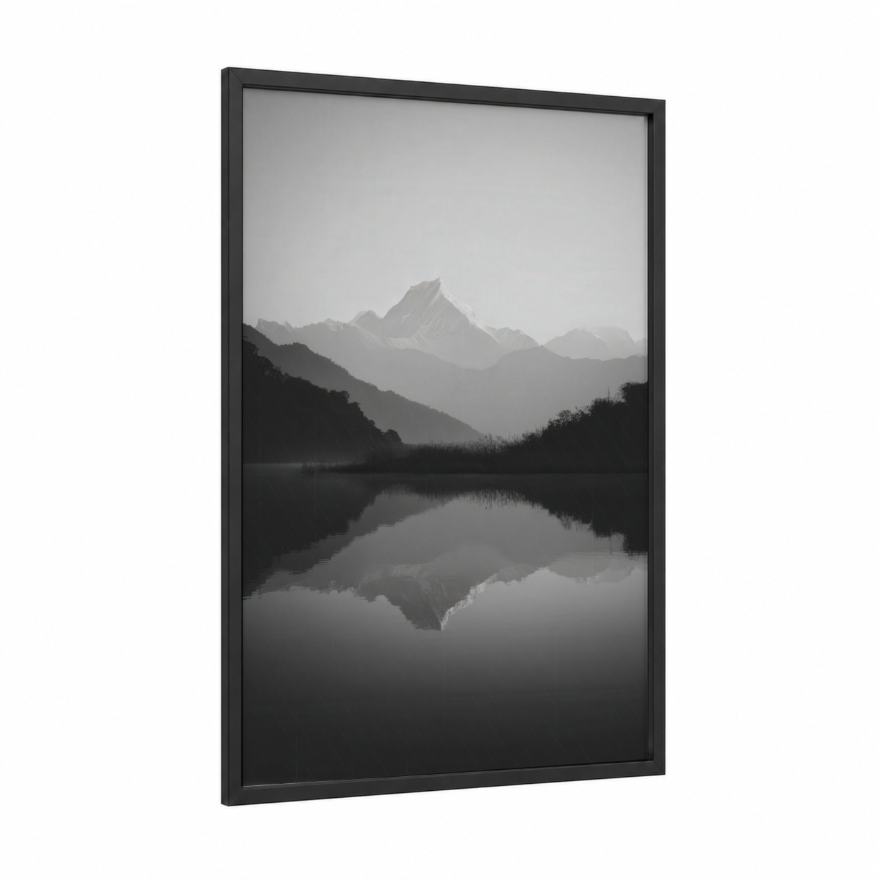 Alpine Reflection framed himalayas print — black wood frame — gray and black and white palette
