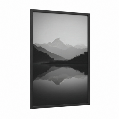 Alpine Reflection framed himalayas print — black wood frame — gray and black and white palette