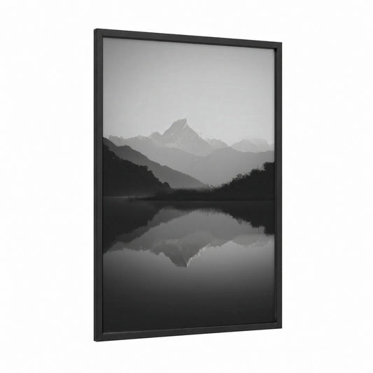 Alpine Reflection framed himalayas print — black wood frame — gray and black and white palette