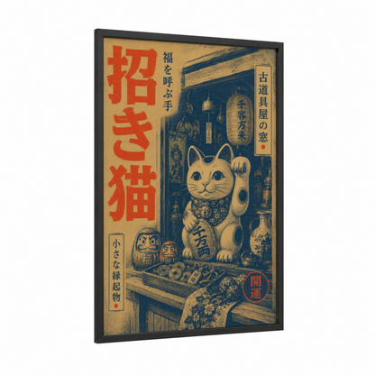 Vintage Japanese Maneki Neko Lucky Cat Wall Art framed art print — black wood frame — gold and blue palette