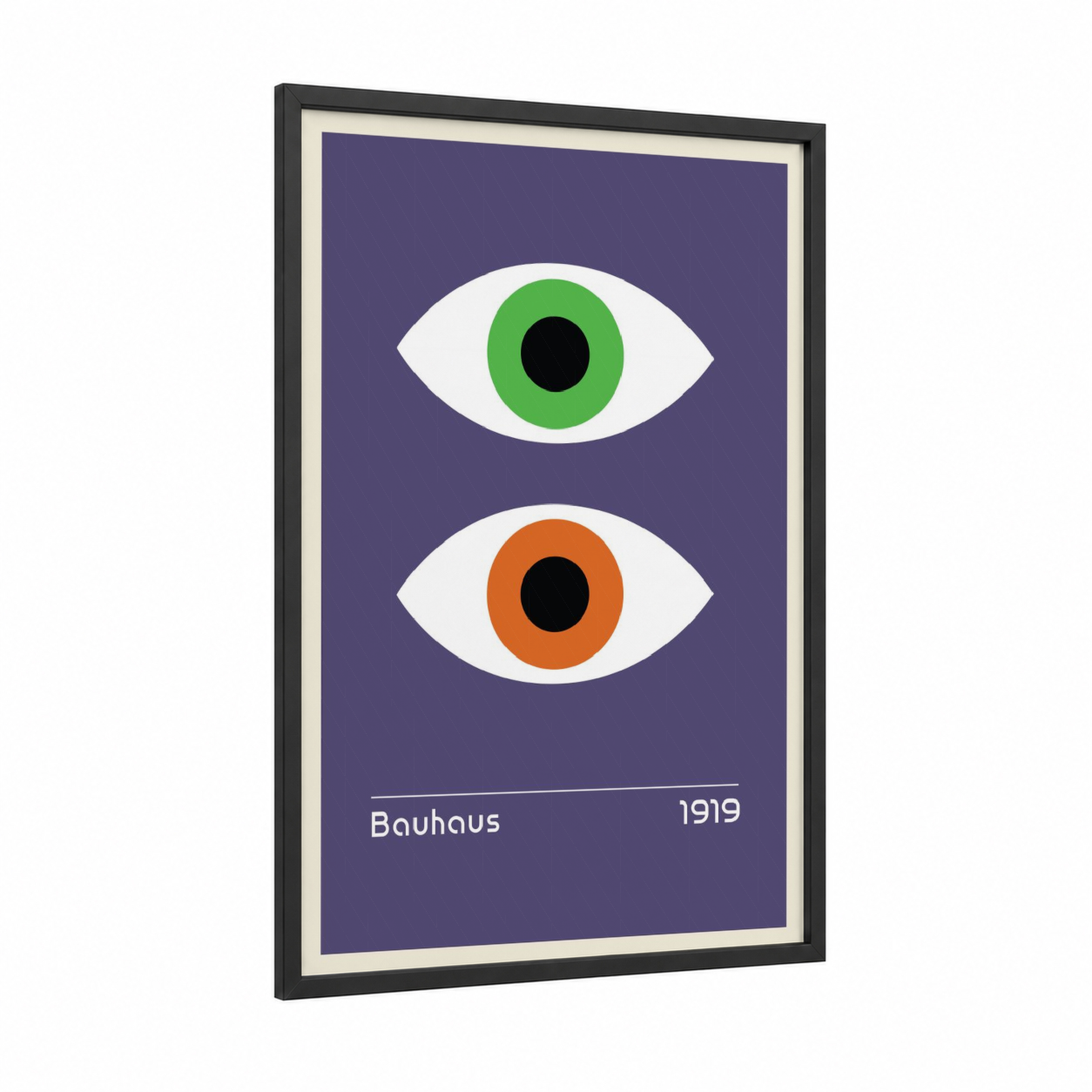 Bauhaus Eyes framed abstract geometric print — black wood frame — purple and white palette