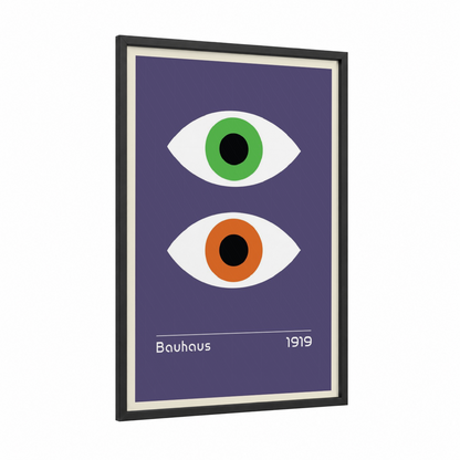 Bauhaus Eyes framed abstract geometric print — black wood frame — purple and white palette