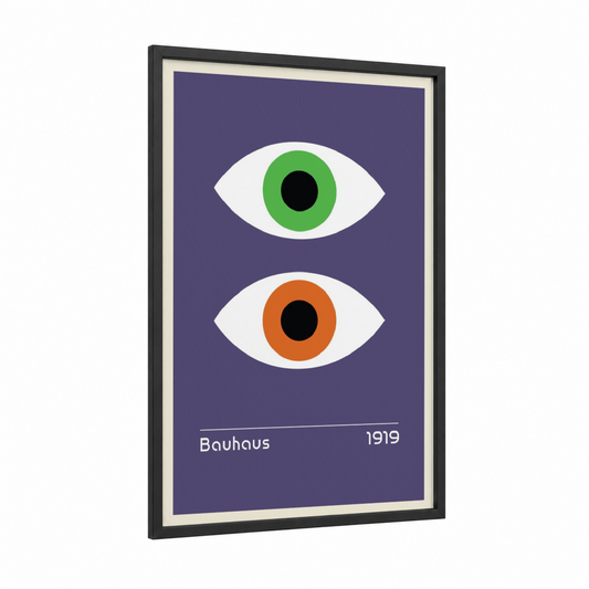 Bauhaus Eyes framed abstract geometric print — black wood frame — purple and white palette
